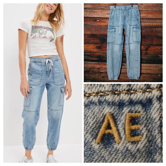 American Eagle Jeans Size 6 Denim Cargo Jogger High Rise - Picture 1 of 9